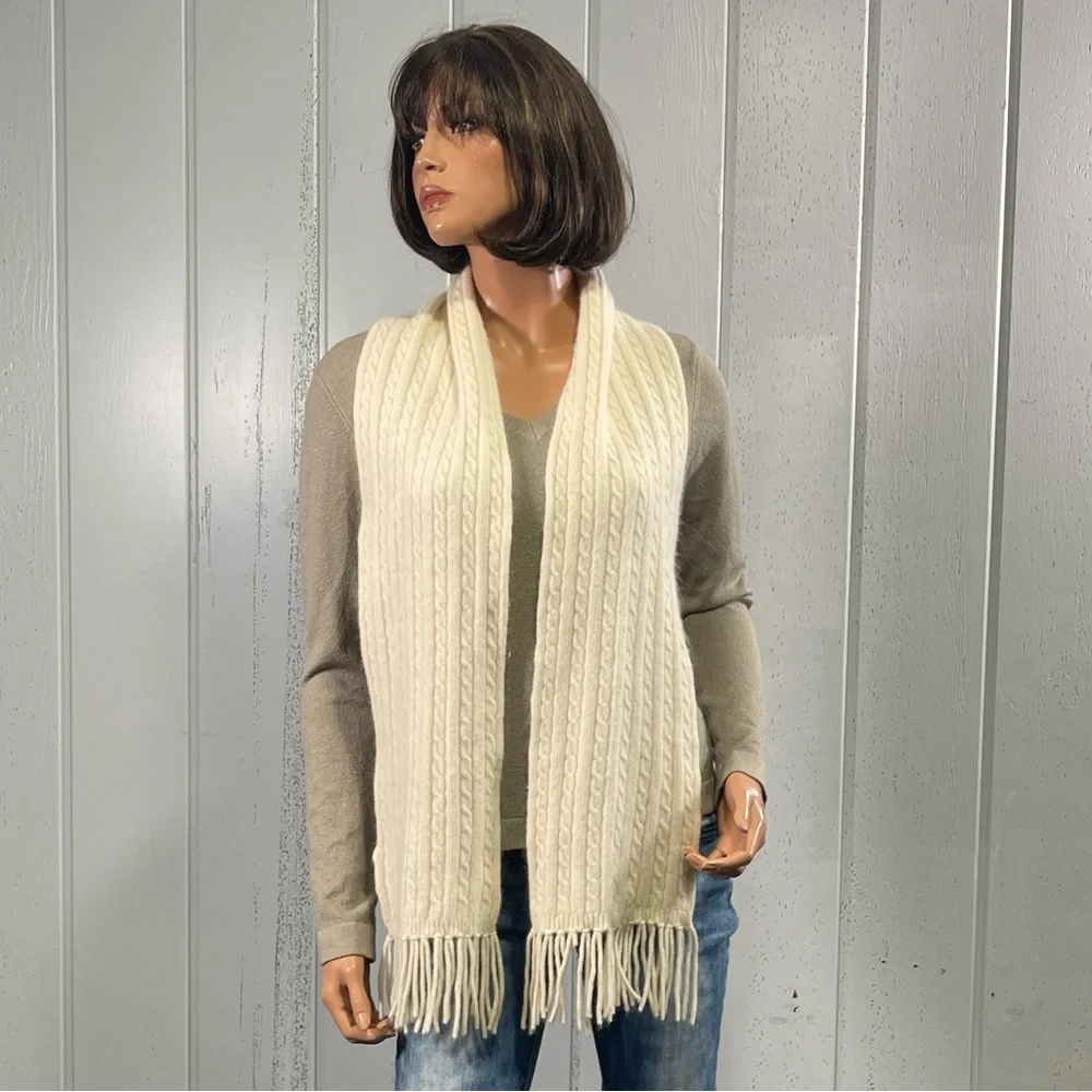 *Casual Corner Women's Cream Cable Knit Scarf with Fringes